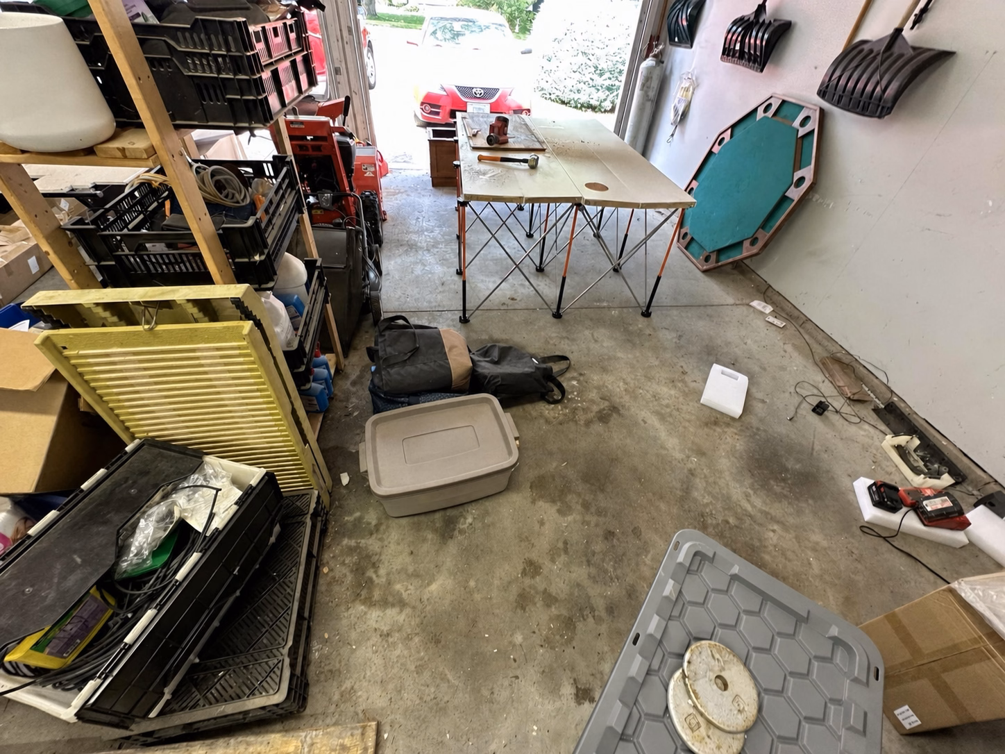 Open floor area emerging during a garage workshop reorganization